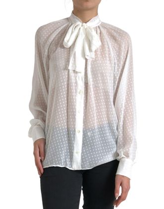 Dolce & Gabbana Womens White Silk Sheer Tied Neck Polka Dots Blouse