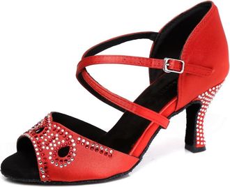 Minitoo Ladies Latin Ballroom Dance Shoes with Rhinestones Formal Party Sandals L346 Red 7.5cm Heel UK 3