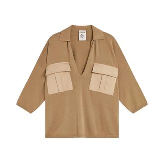Semicouture Oversized V-Neck Cotton Polo Shirt - female - Semicouture - Polo Shirts - Beige - S - Tops