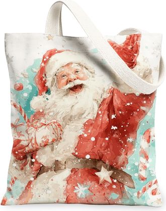 Generic Festive Canvas Tote Bags, Merry Santa Claus Pattern Reusable Shopping Bags, Holiday Decorative Lightweight Washable Shoulder for Gifts Parties Travel 
