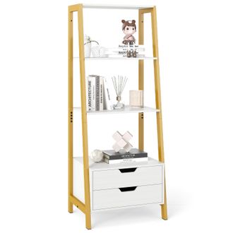 Costway Libreria A Scala Con Contenitore, 4 Ripiani Aperti E 2 Cassetti, Libreria Versatile Per Camera Da Letto, Soggiorno E Ufficio (bianco)