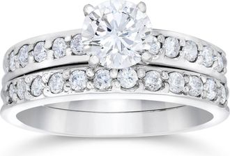 Pompeii3 1 Carat Diamond Engagement Ring Matching Wedding Band Prong Set 14K White Gold