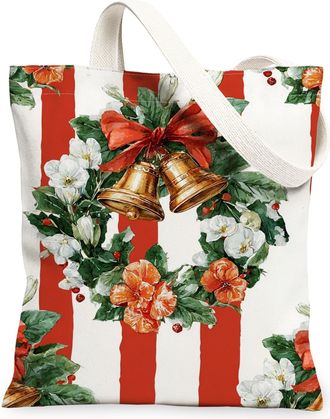 Generic Floral Canvas Tote Bags, Holiday Flower Pattern Reusable Grocery Bags, Vintage Merry Lightweight Washable Canvas for Shopping Beach Picnic 13x15 Inch