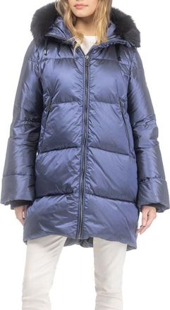 Gorski Apres-Ski Horizontal Jacket With Detachable Genuine Shearling Hood Trim in Ocean Blue/black at Nordstrom, Size X-Small