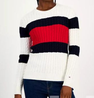 Tommy Hilfiger Leila Logo Crewneck Striped Sweater In Red/wht/navy