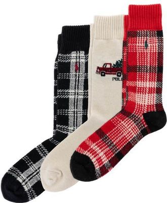 Polo Ralph Lauren Truck & Plaid Assorted 3-Pack Wool Blend Crew Socks Gift Box in Bast at Nordstrom, Size 10-13