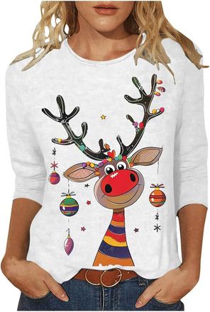 Generic Christmas Shirt for Women 3/4 Sleeve Top Christmas Jumpers Ladies Tops Xmas Jumpers Knitted Reindeer Snowflake Xmas Sweater Lightweight Christmastree 