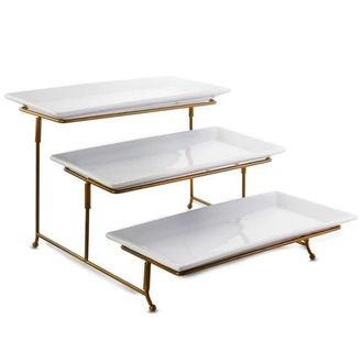 Gibson Home Gracious Dining 3 Tie Rectangle Porcelain Plate Set with Gold Metal Stand in White at Nordstrom