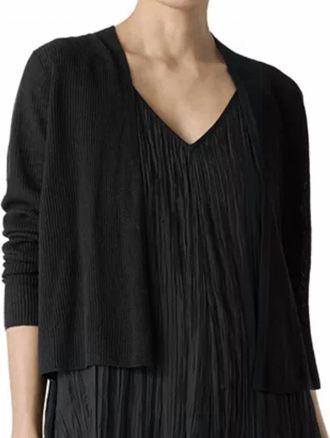Eileen Fisher Linen Cotton Ribbed Cardigan In Black