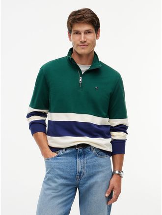 Tommy Hilfiger Mens Rugby Stripe Quarter-Zip Sweatshirt - Ornamental Green - XXXL