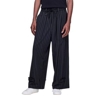 Yohji Yamamoto Refined Pinstripe Oversize Wide Leg Drawstring Pants in Black at Nordstrom, Size Xx-Large
