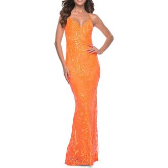 La Femme Neon Fitted Print Sequin Pastel Prom Dress in Orange at Nordstrom, Size 12