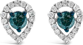 House of Brilliance Sterling Silver 1/2 Cttw Blue and White Diamond Pear Shape Halo Stud Earrings