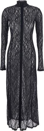 Msgm Black Long Dress With High Neck And Semi-sheer Design With Embroidery In Fabric Woman
