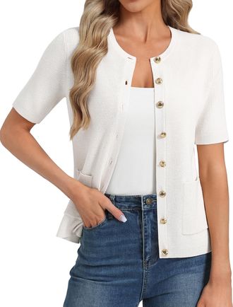 Grace Karin Womens Short Sleeves Solid Knit Cardigan Round Neck Button Tops with Pockets White M