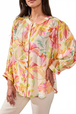 Tribal Flowy Dolman Sleeve Blouse With Self-Covering Buttons In Multi