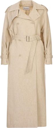 Max Mara Jassen, Dames, Beige, M, Linnen, Pedaggi Lange Double-Breasted Spolverino