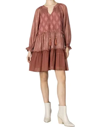 Miss Me Long Balloon Sleeve Ruffled Dress In Mauve Pink