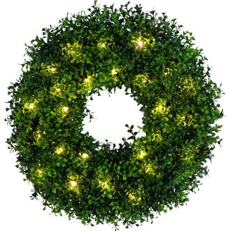 Nearly Natural 18-in Pre-Lit Artificial Boxwood Wreath with 25 Warm White LED Lights in Green at Nordstrom