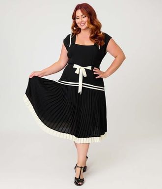 Unique Vintage Plus Size Pleated Flapper Day Dress in Black W/White Ribbon at Nordstrom, Size 2X