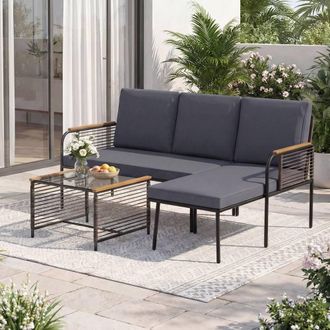 Costway Costway 3PCS Rattan Conversation Set Garden L-Shaped Sofa Set w/ Cushions in Grey