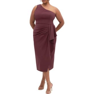 City Chic Priyanka Ruffle One-Shoulder Midi Dress in Chocolate Cherry at Nordstrom Rack, Size Xxl/24W