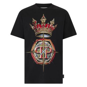 Philipp Plein Tops, Heren, Zwart, 3Xl, Katoen, Round Neck T-Shirt Crown Stones