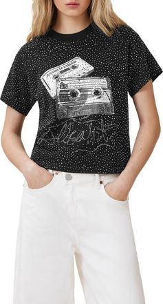 AllSaints Reel Elle Rhinestone Cotton Graphic T-Shirt in Black at Nordstrom, Size Small