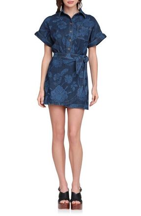 Avec Les Filles Floral Print Belted Denim Minidress in Parrot Fan Laser Pr at Nordstrom, Size 12
