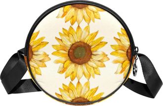 Generic Circle Crossbody Bag for Women, Yellow Flowers Small Sling Bag Daypack with Zipper Adjustable Shoulder Straps Casual Ladies Girls Round Purse