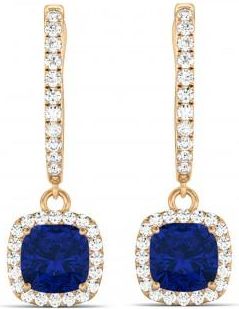 Allurez Cushion Lab Blue Sapphire & Lab Diamond Halo Dangling Earrings 14k Rose Gold (2.70ct)