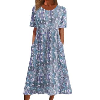 Generic Keepink Summer Dresses for Women UK Floral Print Midi Dresses Crew Neck Short Sleeve Casual Dress Loose Tunic T-Shirts Dress Ladies Sundress with Pock