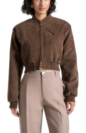 Mani&egrave;re De Voir Monique Suede Wide Shoulder Bomber Jacket in Brown at Nordstrom, Size 6