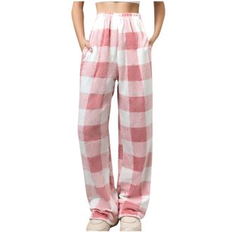 Generic Womens Lounge Pants Fleece Flannel Warm Plaid Pyjama Bottoms Warm Thermal Elastic Waist Loose Wide Leg Pants Lounge Pj Bottoms Women Casual Trousers L
