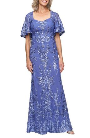 Alex Evenings Sequin Embroidered Mesh Gown in Cornflower at Nordstrom, Size 14