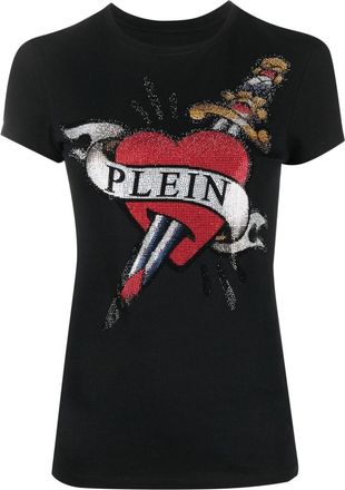 Philipp Plein crystal-embellished logo T-shirt - women - Cotton/Spandex/Elastane/Polyester - S - Black