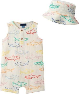 Andy & Evan Cotton Seersucker Romper & Hat Set in White Shark at Nordstrom, Size 18-24M