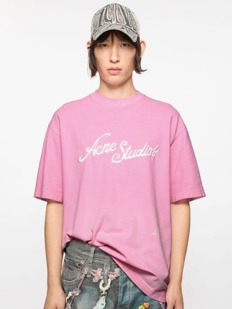 Acne Studios Mens Embroidered Logo T-Shirt in Pink Cotton - Size X-Small