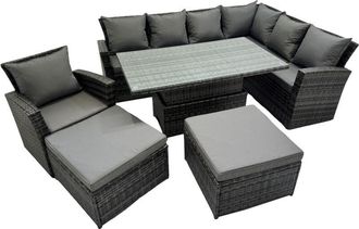 Fimous 9 Seat Rattan Garden Furniture Corner Sofa Set Outdoor Adjustable Lifting Dining or Coffee Table Set with 2 Big Footstools Dark Grey Mixed - Fimous