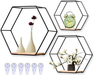 OEM Etagere Murale Hexagonale - Metal Negro - Para Decoracion Interior - Lote De 3 Unidades