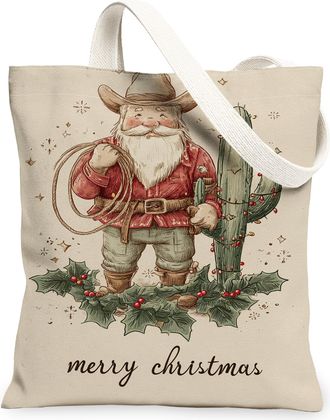 Generic Christmas Cactus Canvas Tote Bags, Vintage Cowboy Santa Design Reusable Shopping Bags, Lightweight Washable Shoulder Strap, Beige, 13x15 Inch