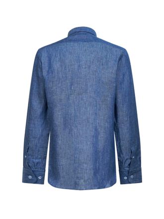 Etro Mens Light Blue Linen Shirt With Embroidery