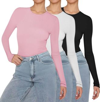 Generic Womens Thermal Tops Long Sleeve, Basic Plain Crew Neck Base Layer, Soft Comfortable Ladies Long Sleeve T Shirt for Layering, Casual Slim Fit Basic Top