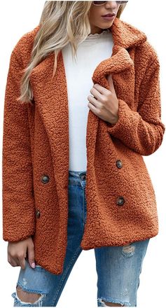 Generic Ladies Cozy Winter Warm Cardigans with Buttons Casual Chunky Fleece Jacket Cardigan Hoodies Oversized Ladies Teddy Lapel Plush Faux Fur Coats Vermilio