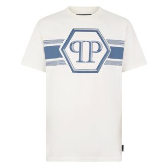 Philipp Plein Tops, Heren, Wit, 2Xl, Katoen, Ronde Hals T-Shirt Hexagon Line