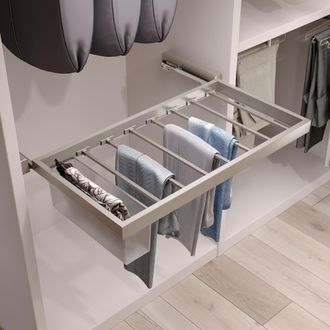 Emuca Kit De 7 Varillas Pantalonero, 2 Bandejas Y Bastidor De Gu&iacute;as Con Cierre Suave Para Armarios, Regulable, M&oacute;dulo 900mm, Gris Piedra - Emuca