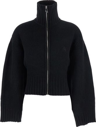 The Attico Black Cardigan With Raised Collar And Knitting In Wool And Cashmere Blend Woman