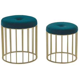 Beliani Conjunto De 2 Pufs Decorativos Tapizados En Terciopelo Azul Con Base De Hierro Dorado Dise&ntilde;o Moderno Lubbock