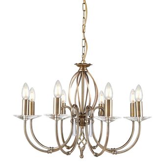 Loops 8 Bulb Chandelier Cut Glass Droplets Central Curved Stem Aged Brass LED E14 60W in Clear