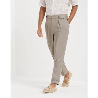 Brunello Cucinelli Mens Sage Linen Pleated Trousers, Size 54